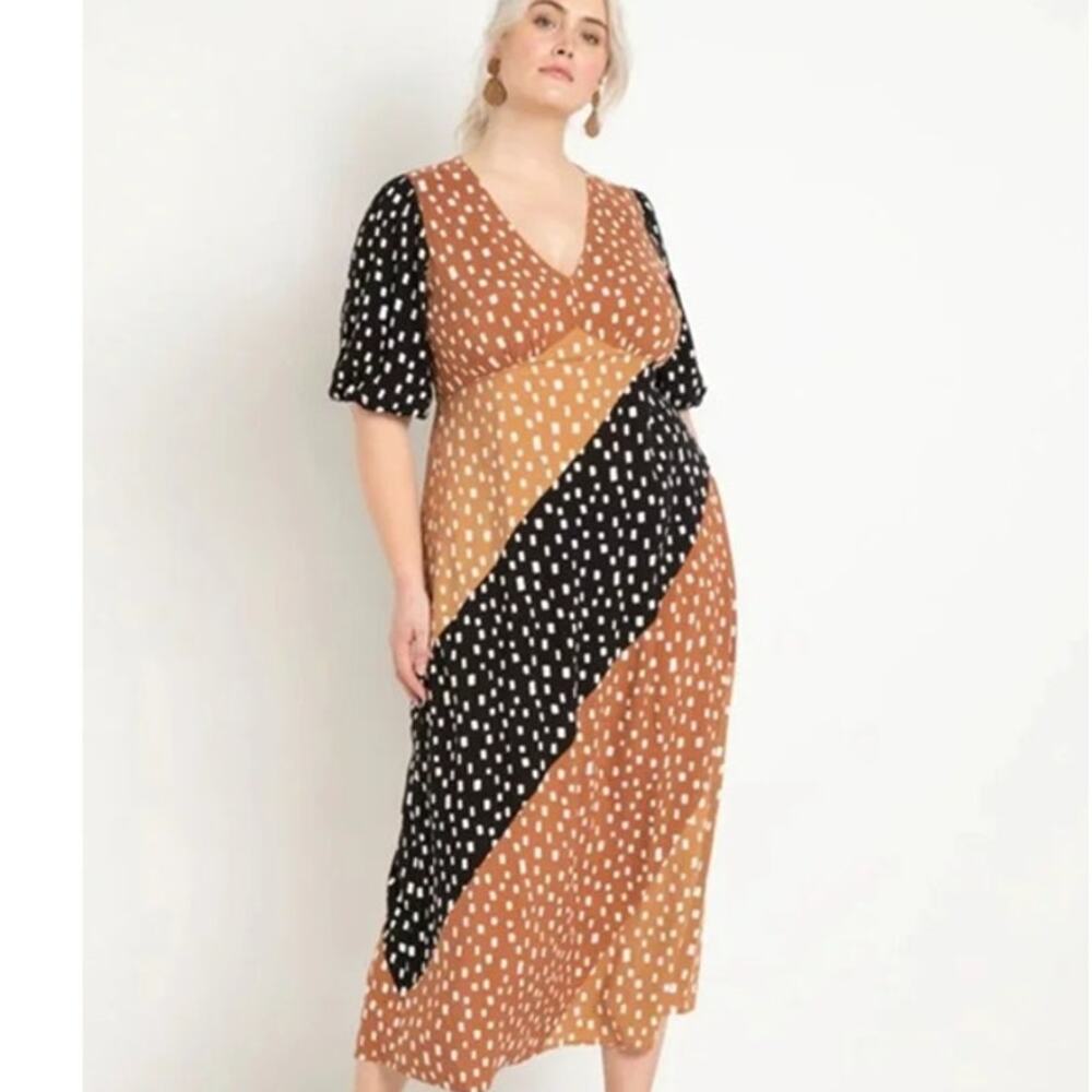 Eloquii Mixed Geo Colorblock Maxi Dress Womens Size 16 Black Brown V-Neck Long